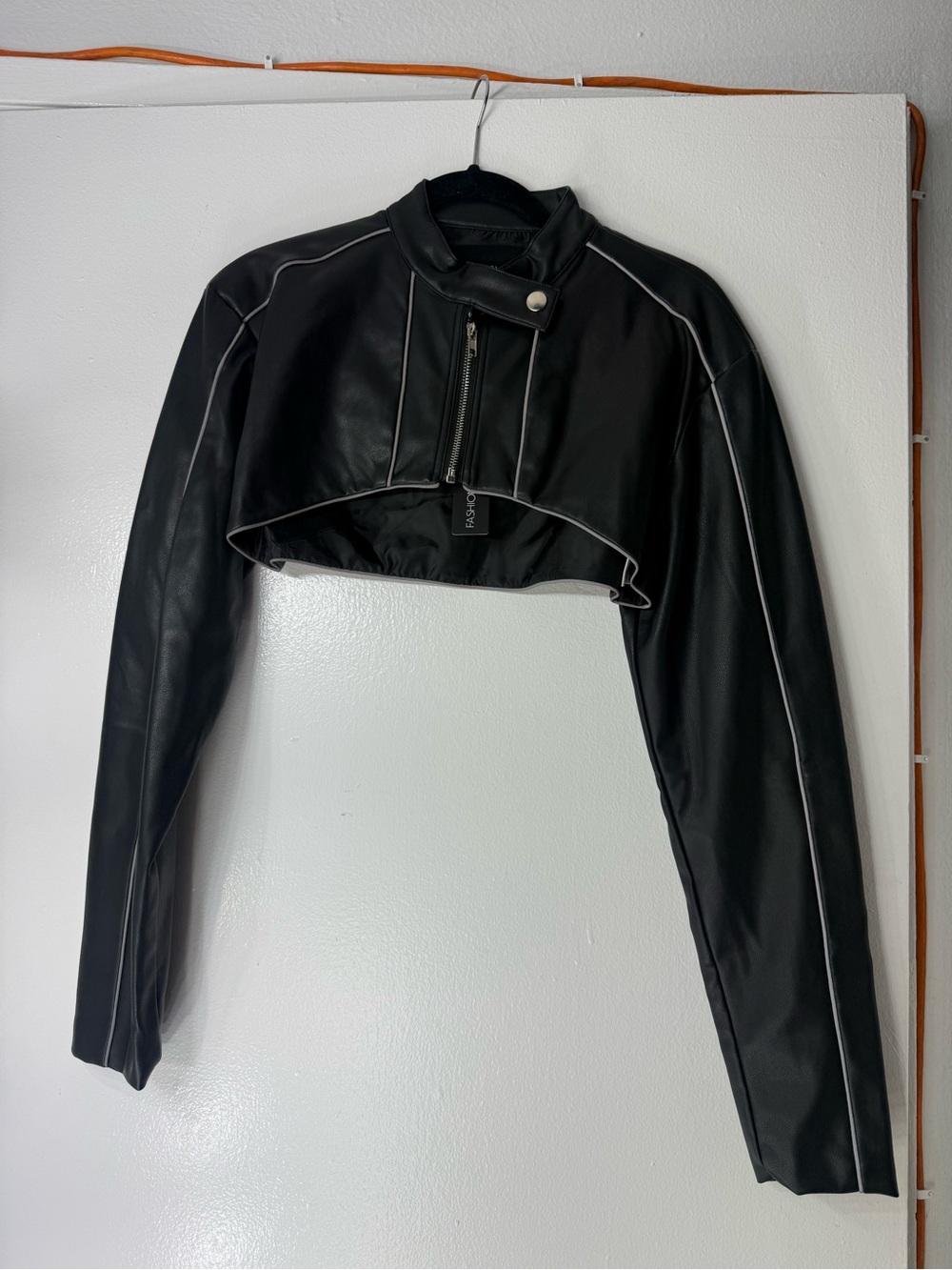 Cropped Black Women's Faux Leather Jacket with Contrast Piping